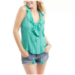 NWT No Boundaries Jr. Med Tank Top Solid Teal Sleeveless Ruffle Front Tassels